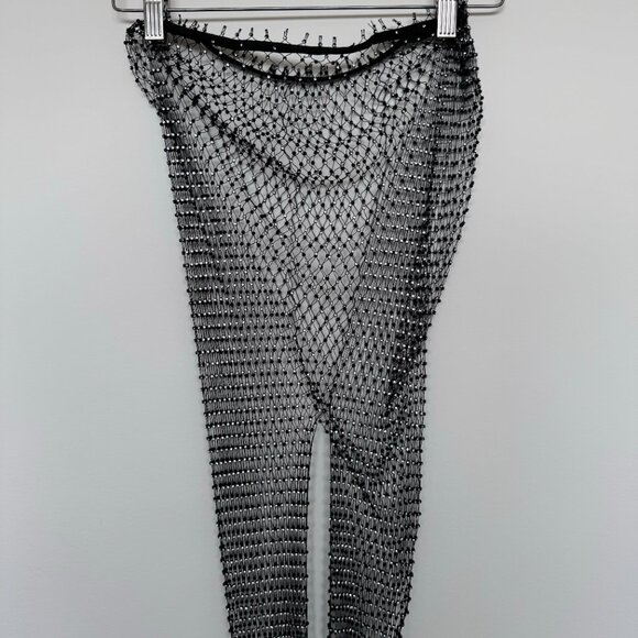Women Crystal Mesh Black Pants Rhinestone See Through Fishnet Pants Festival - Picture 2 of 7
